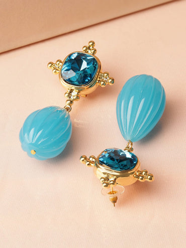 Rubans 18K Gold Plated Crystal Blue Sapphire Studded & Aqua Beaded Statement Drop Earrings Earrings