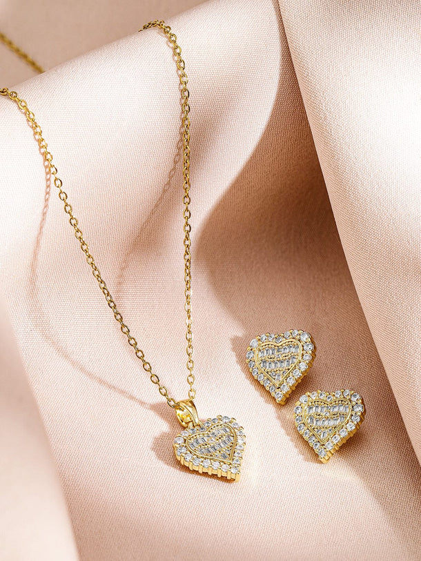 Rubans 18K Gold Plated Crystal Heart Shape Pendant Set Jewellery Set