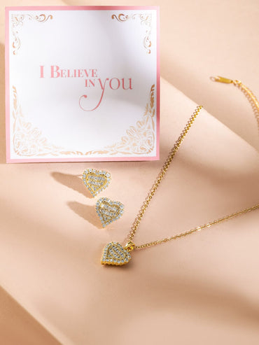 Rubans 18K Gold Plated Crystal Heart Shape Pendant Set Necklace Set