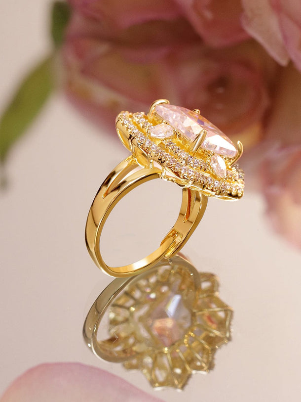 Rubans 18K Gold-Plated Crystal Pink & White Cubic Zirconia Floral Halo Adjustable Ring Rings