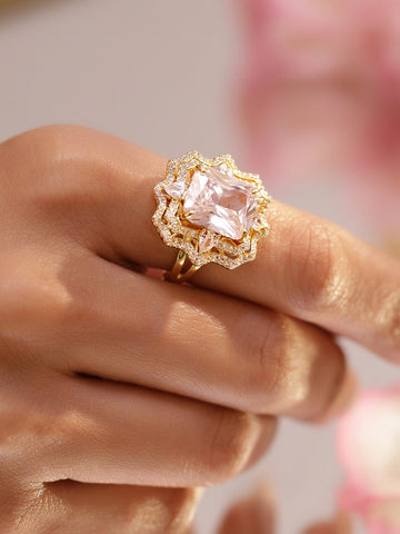 Rubans 18K Gold-Plated Crystal Pink & White Cubic Zirconia Floral Halo Adjustable Ring Rings