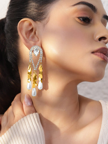 Rubans 18K Gold-Plated Crystal White Cubic Zirconia & Pearl Tassel Statement Drop Earrings Drop Earrings