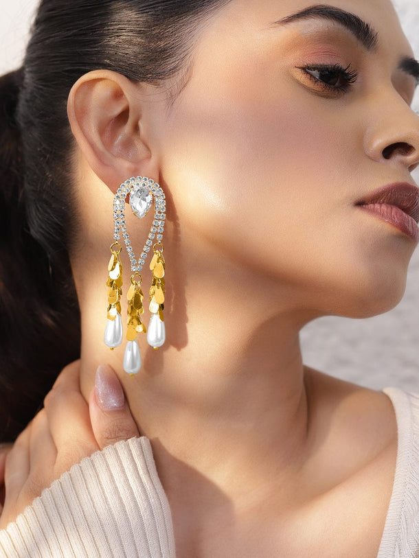 Rubans 18K Gold-Plated Crystal White Cubic Zirconia & Pearl Tassel Statement Drop Earrings Drop Earrings