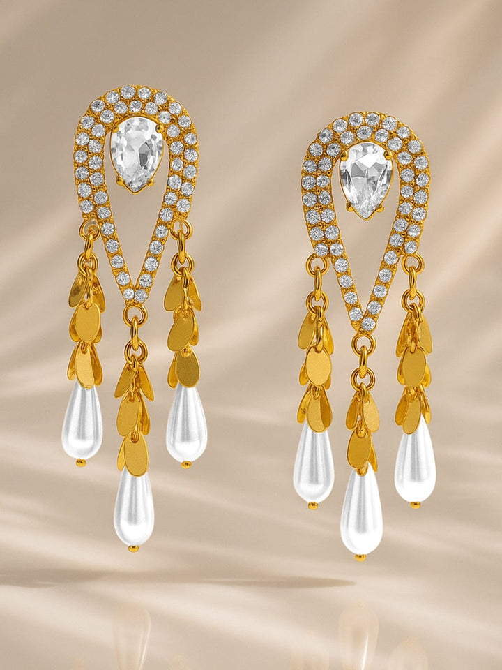 Rubans 18K Gold-Plated Crystal White Cubic Zirconia & Pearl Tassel Statement Drop Earrings Earrings