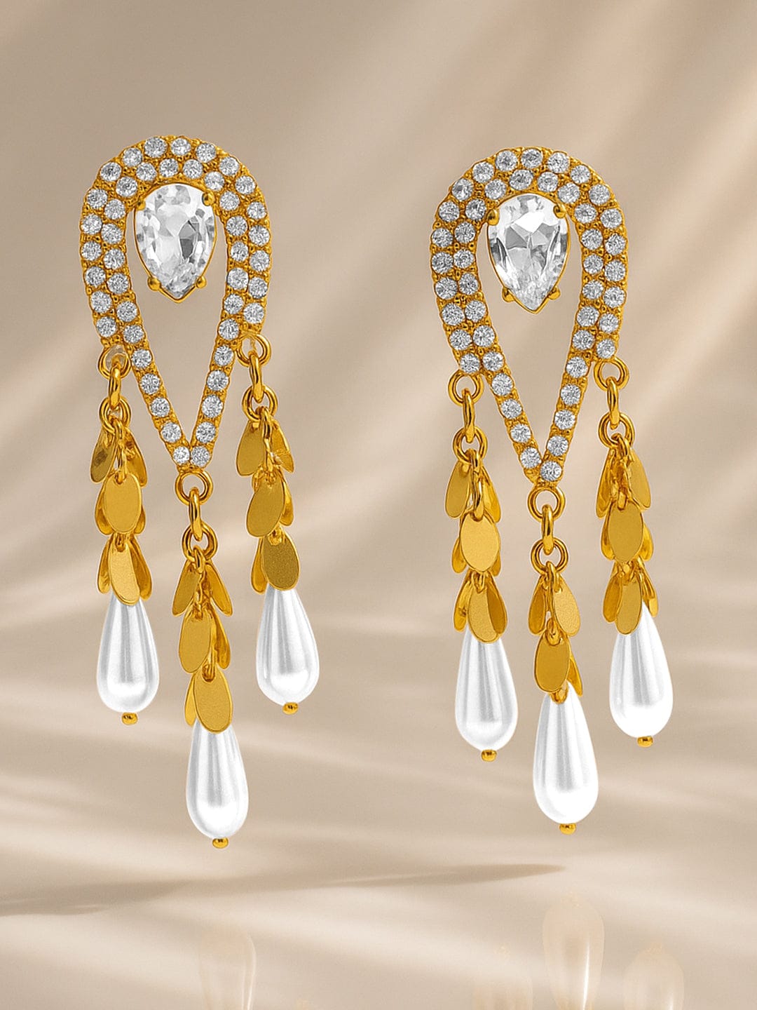 Rubans 18K Gold-Plated Crystal White Cubic Zirconia & Pearl Tassel Statement Drop Earrings Earrings