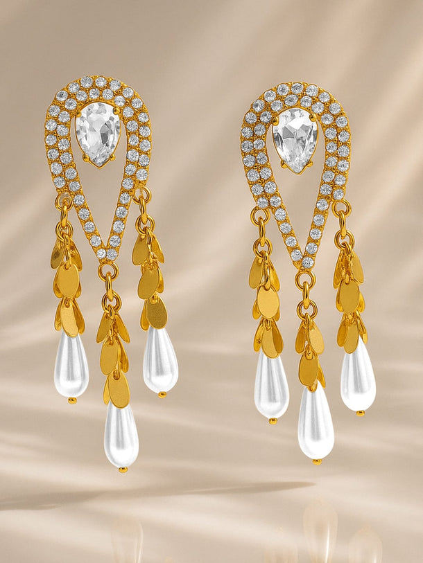 Rubans 18K Gold-Plated Crystal White Cubic Zirconia & Pearl Tassel Statement Drop Earrings Earrings