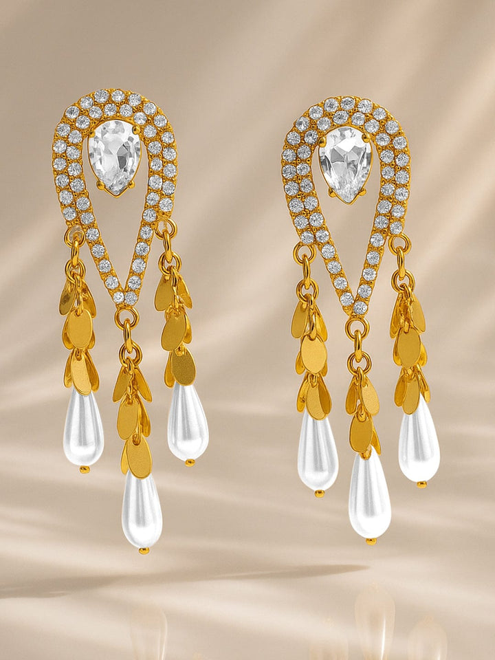 Rubans 18K Gold-Plated Crystal White Cubic Zirconia & Pearl Tassel Statement Drop Earrings Earrings