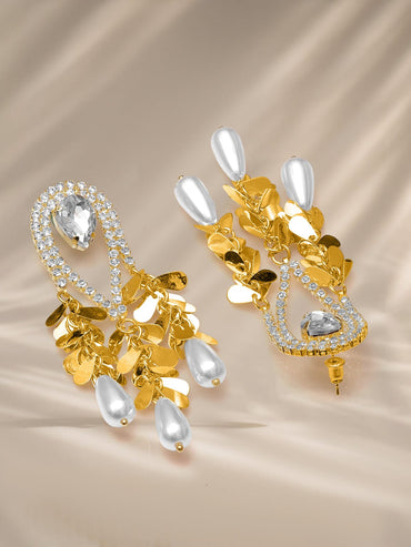 Rubans 18K Gold-Plated Crystal White Cubic Zirconia & Pearl Tassel Statement Drop Earrings Earrings