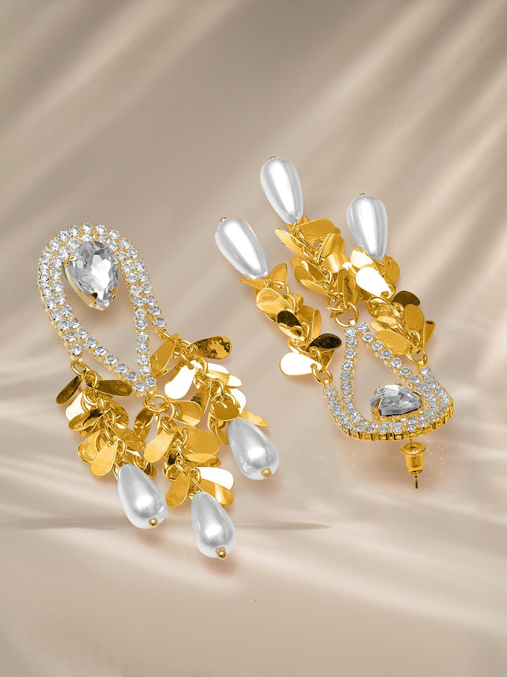 Rubans 18K Gold-Plated Crystal White Cubic Zirconia & Pearl Tassel Statement Drop Earrings Earrings