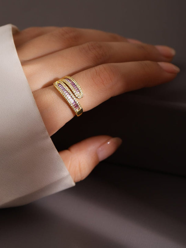 Rubans 18K Gold-Plated Cubic Zirconia & Baguette-Cut Purple Stone Wrap-Style Openable Ring Finger Ring