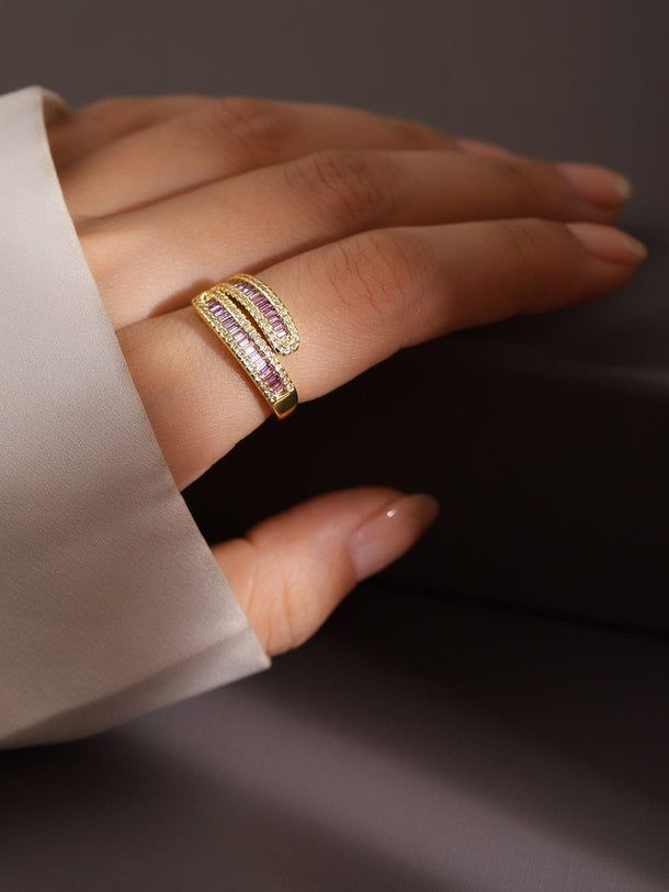 Rubans 18K Gold-Plated Cubic Zirconia & Baguette-Cut Purple Stone Wrap-Style Openable Ring Rings