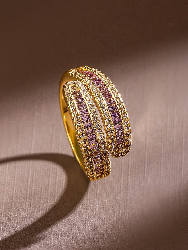 Rubans 18K Gold-Plated Cubic Zirconia & Baguette-Cut Purple Stone Wrap-Style Openable Ring Rings