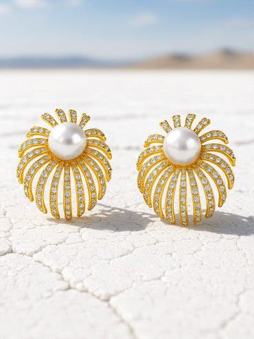 Rubans 18K Gold-Plated Cubic Zirconia Floral Design Pearl Stud Statement Earrings Earrings