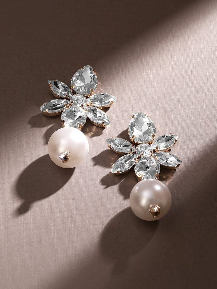 Rubans 18K Gold-Plated Cubic Zirconia & Pearl Drop Floral Earrings â€“ Elegant Statement Earrings