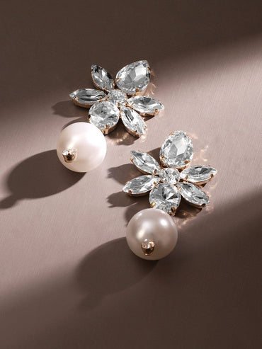 Rubans 18K Gold-Plated Cubic Zirconia & Pearl Drop Floral Earrings â€“ Elegant Statement Earrings
