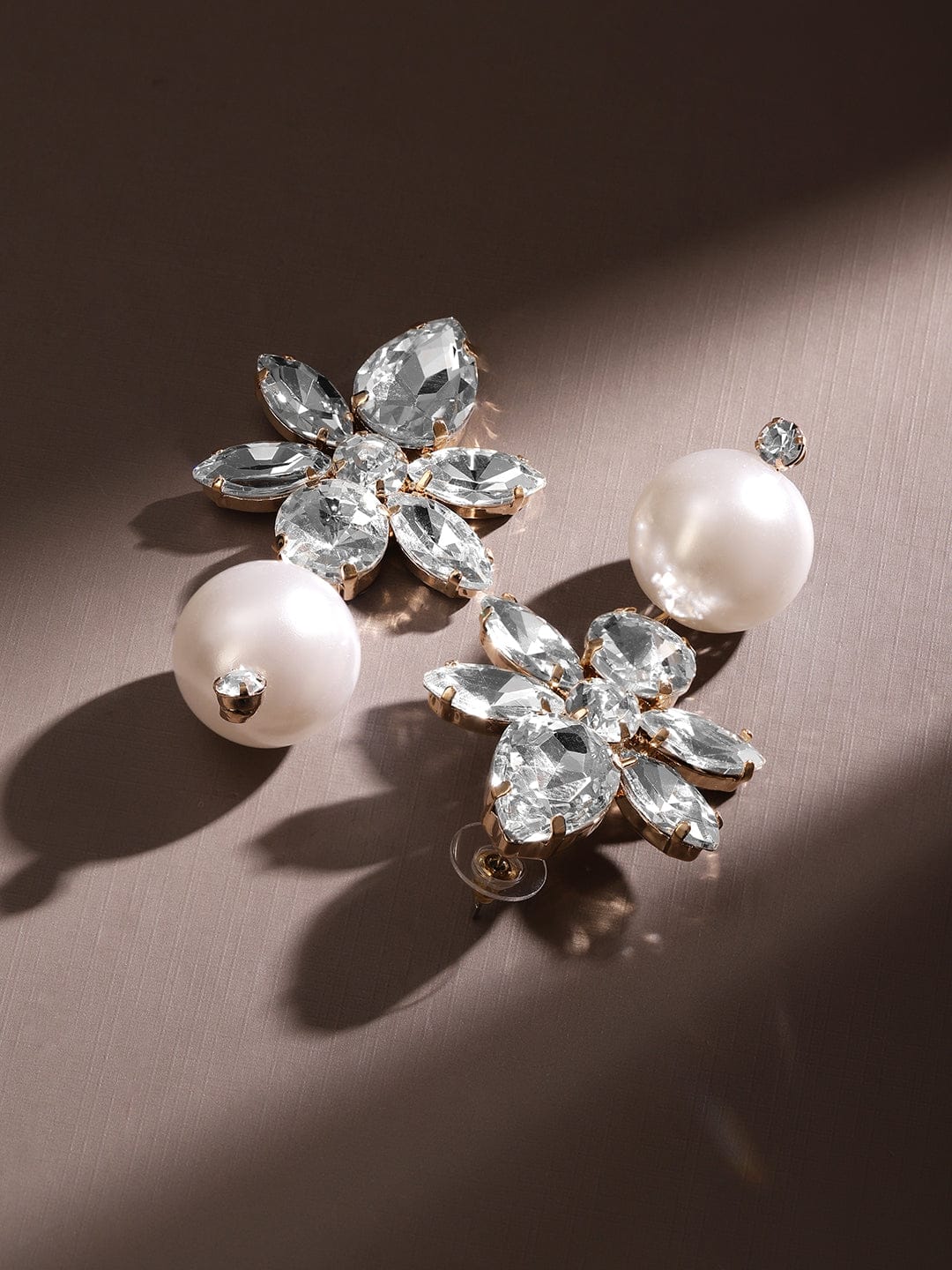 Rubans 18K Gold-Plated Cubic Zirconia & Pearl Drop Floral Earrings â€“ Elegant Statement Earrings