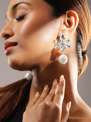 Rubans 18K Gold-Plated Cubic Zirconia & Pearl Drop Floral Earrings â€“ Elegant Statement Drop Earrings