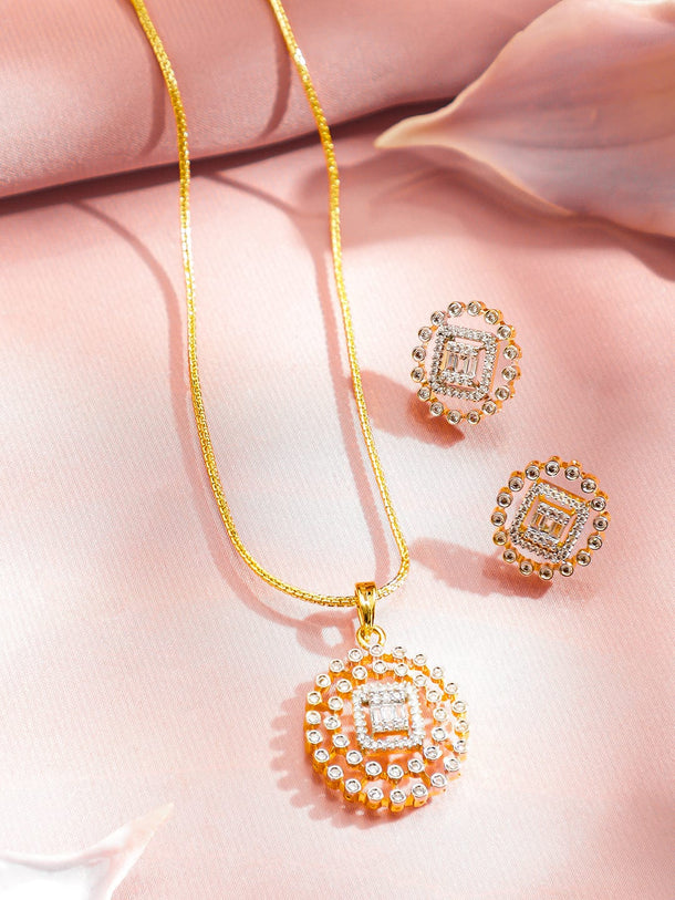 Rubans 18K Gold-Plated Cubic Zirconia Round Pendant Necklace Set with Stud Earrings Pendant Set