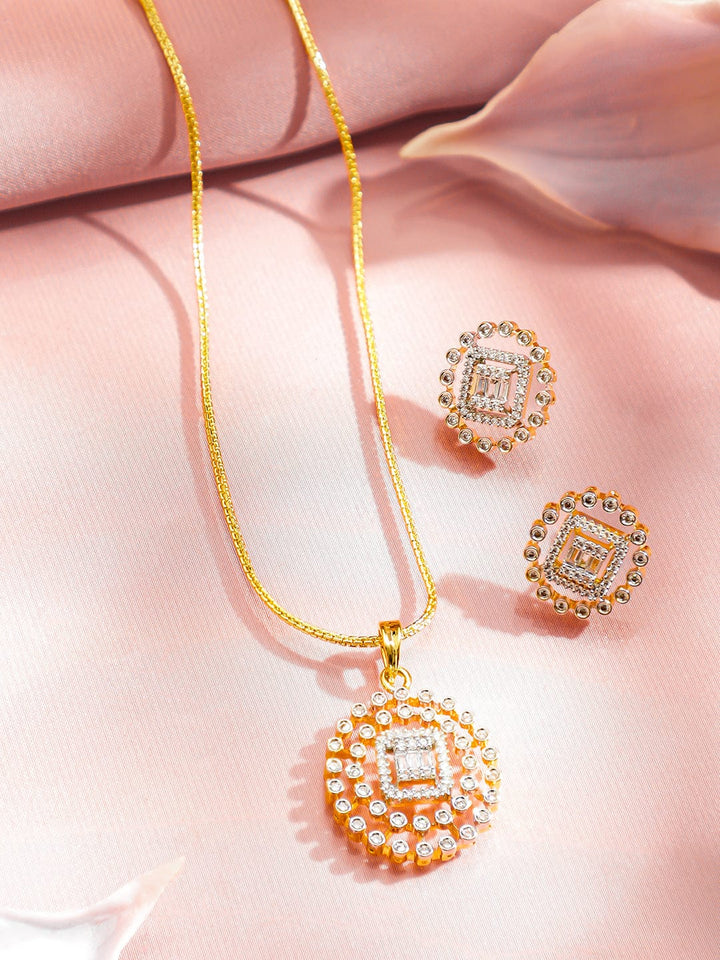 Rubans 18K Gold-Plated Cubic Zirconia Round Pendant Necklace Set with Stud Earrings Pendant Set