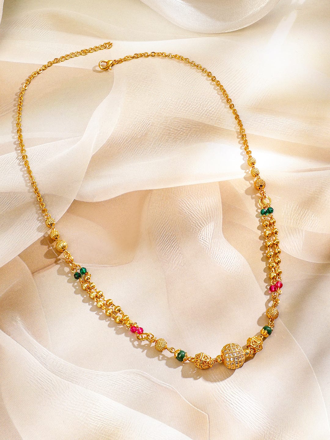 Rubans 18K Gold-Plated Cubic Zirconia Stone Gold, Green & Pink Beaded Matar Mala Necklace Necklaces, Necklace Sets, Chains & Mangalsutra