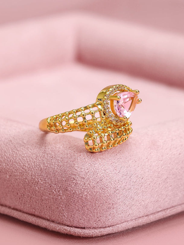 Rubans 18K Gold-Plated Cubic Zirconia Studded Adjustable Finger Ring Rings
