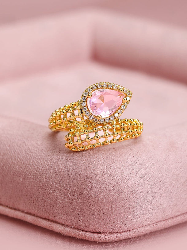 Rubans 18K Gold-Plated Cubic Zirconia Studded Adjustable Finger Ring Rings