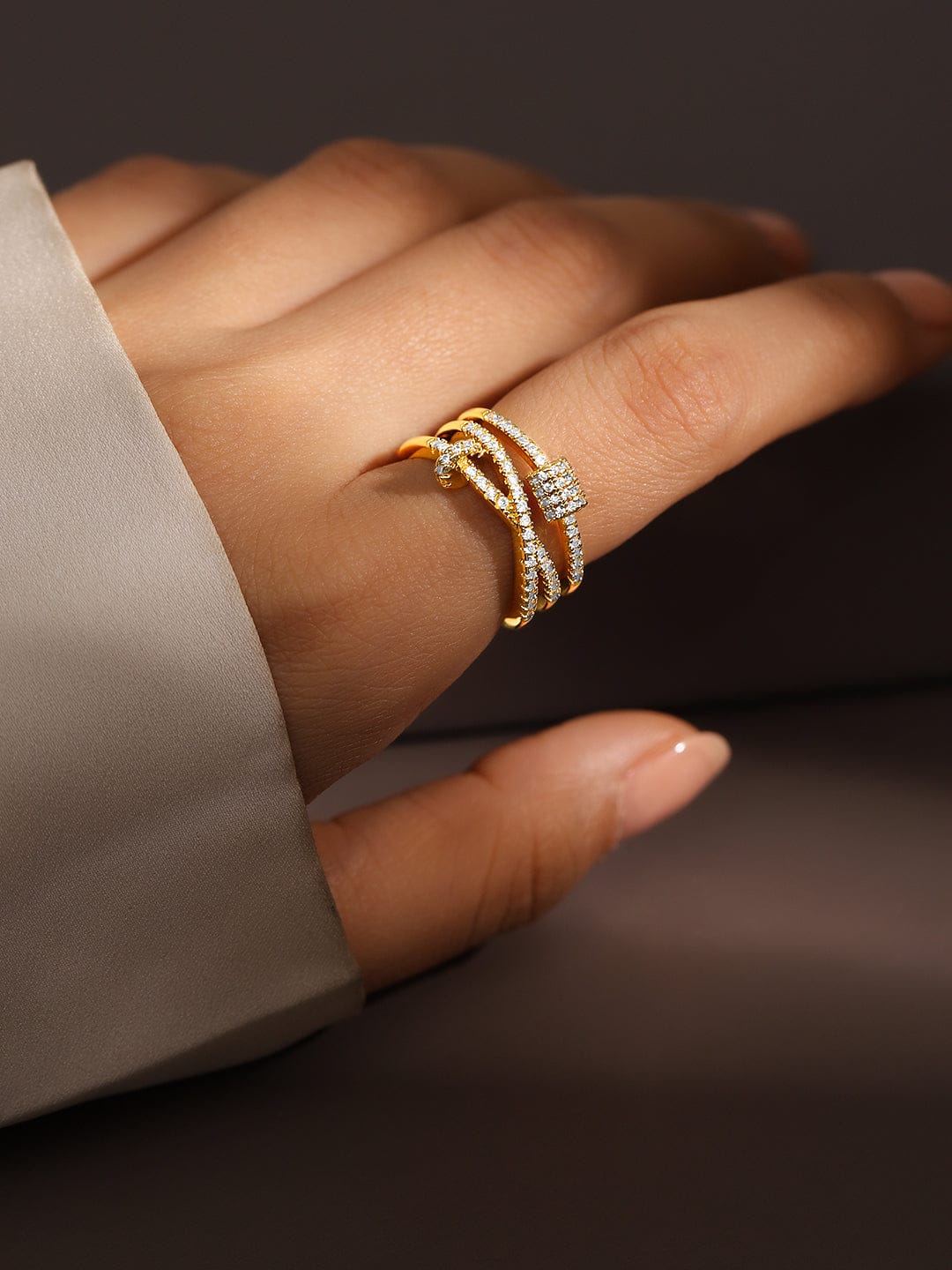 Rubans 18K Gold-Plated Cubic Zirconia Studded Adjustable Knot Motif Ring Rings
