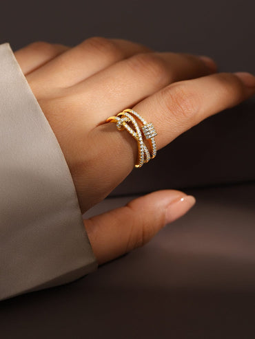 Rubans 18K Gold-Plated Cubic Zirconia Studded Adjustable Knot Motif Ring Rings
