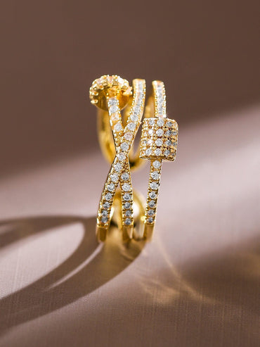 Rubans 18K Gold-Plated Cubic Zirconia Studded Adjustable Knot Motif Ring Rings