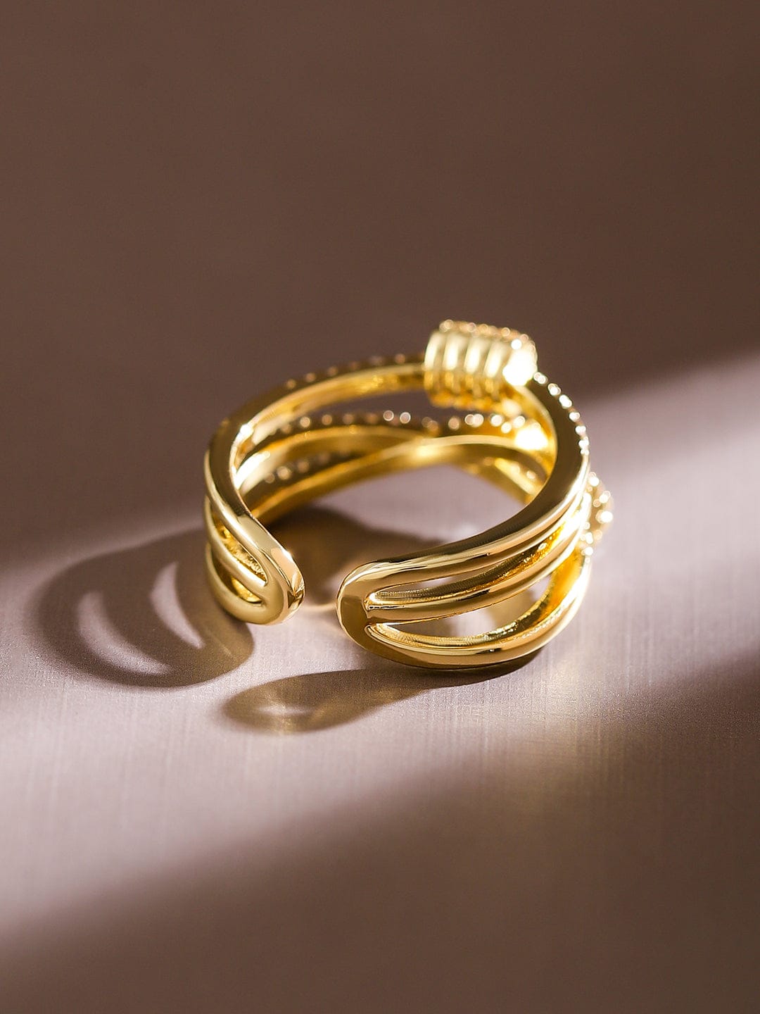 Rubans 18K Gold-Plated Cubic Zirconia Studded Adjustable Knot Motif Ring Rings