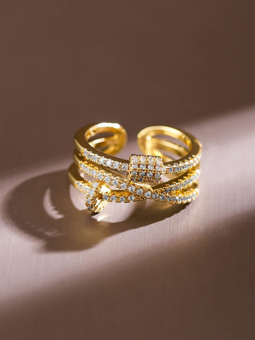 Rubans 18K Gold-Plated Cubic Zirconia Studded Adjustable Knot Motif Ring Rings
