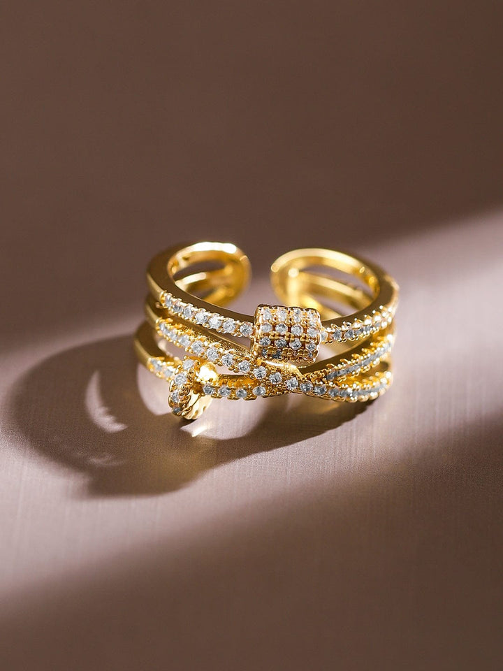 Rubans 18K Gold-Plated Cubic Zirconia Studded Adjustable Knot Motif Ring Rings