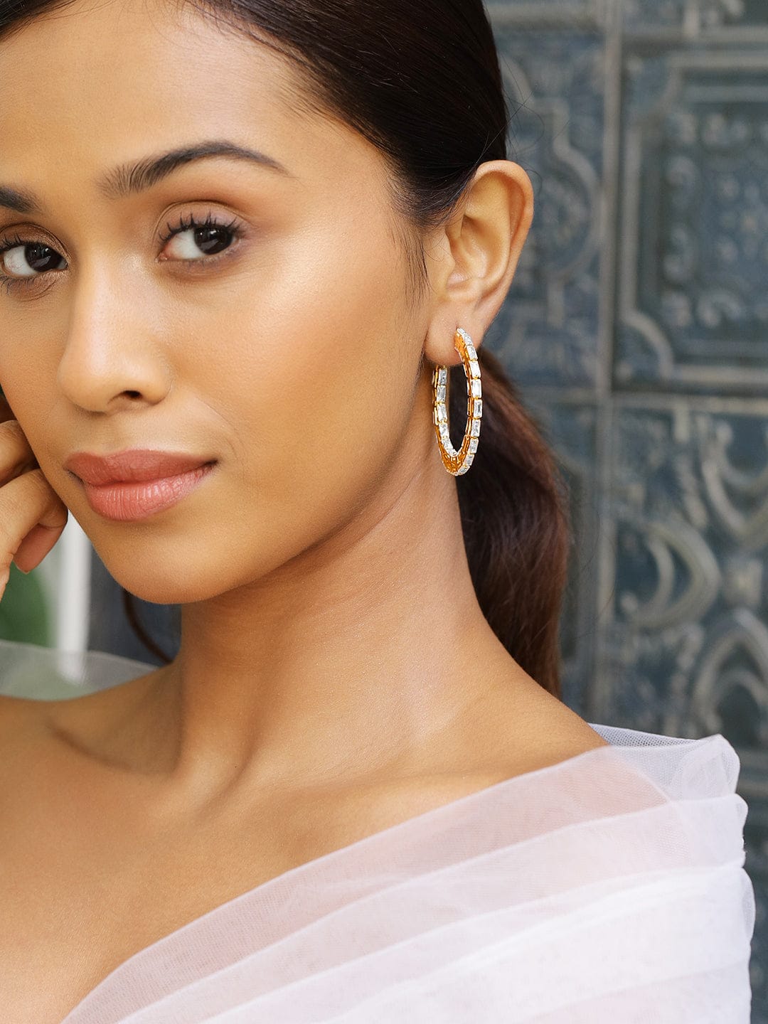 Rubans 18K Gold-Plated Cubic Zirconia Studded Baguette-Cut Hoop Earrings Earrings