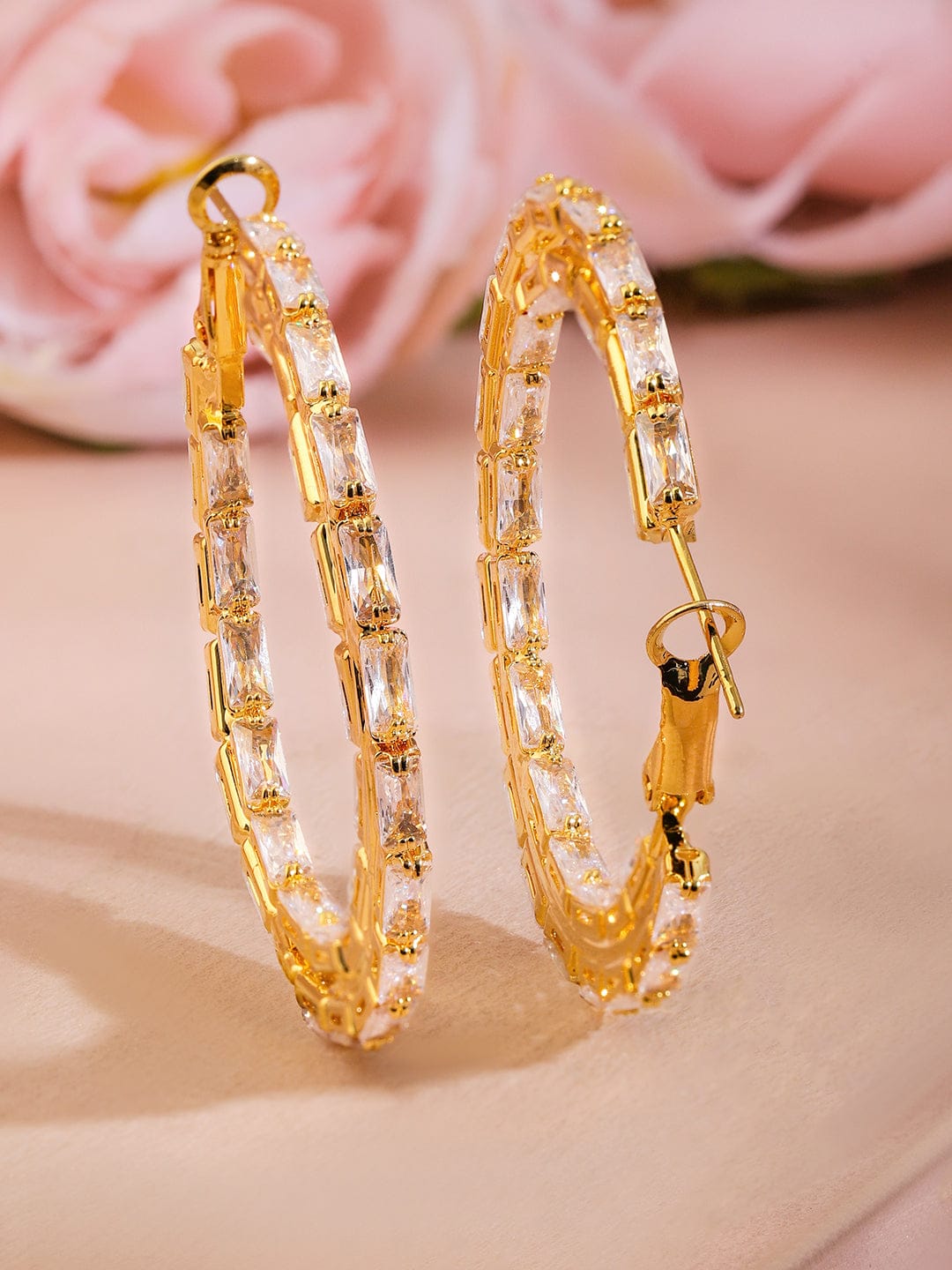 Rubans 18K Gold-Plated Cubic Zirconia Studded Baguette-Cut Hoop Earrings Earrings