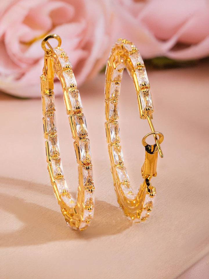 Rubans 18K Gold-Plated Cubic Zirconia Studded Baguette-Cut Hoop Earrings Earrings