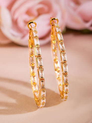 Rubans 18K Gold-Plated Cubic Zirconia Studded Baguette-Cut Hoop Earrings Earrings