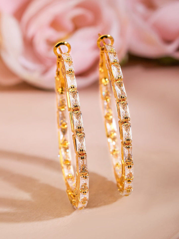 Rubans 18K Gold-Plated Cubic Zirconia Studded Baguette-Cut Hoop Earrings Earrings