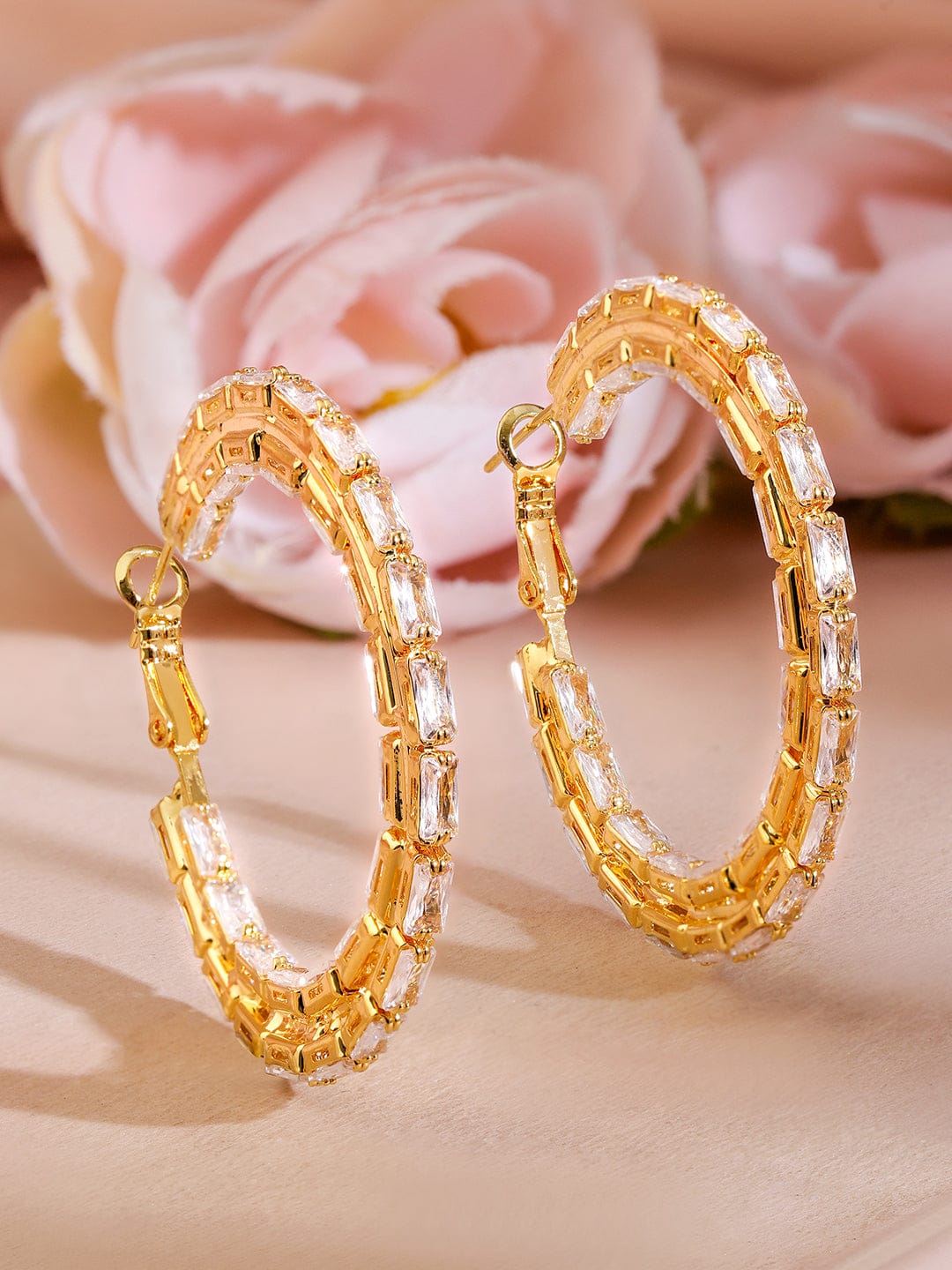 Rubans 18K Gold-Plated Cubic Zirconia Studded Baguette-Cut Hoop Earrings Earrings