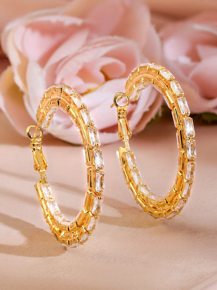 Rubans 18K Gold-Plated Cubic Zirconia Studded Baguette-Cut Hoop Earrings Earrings