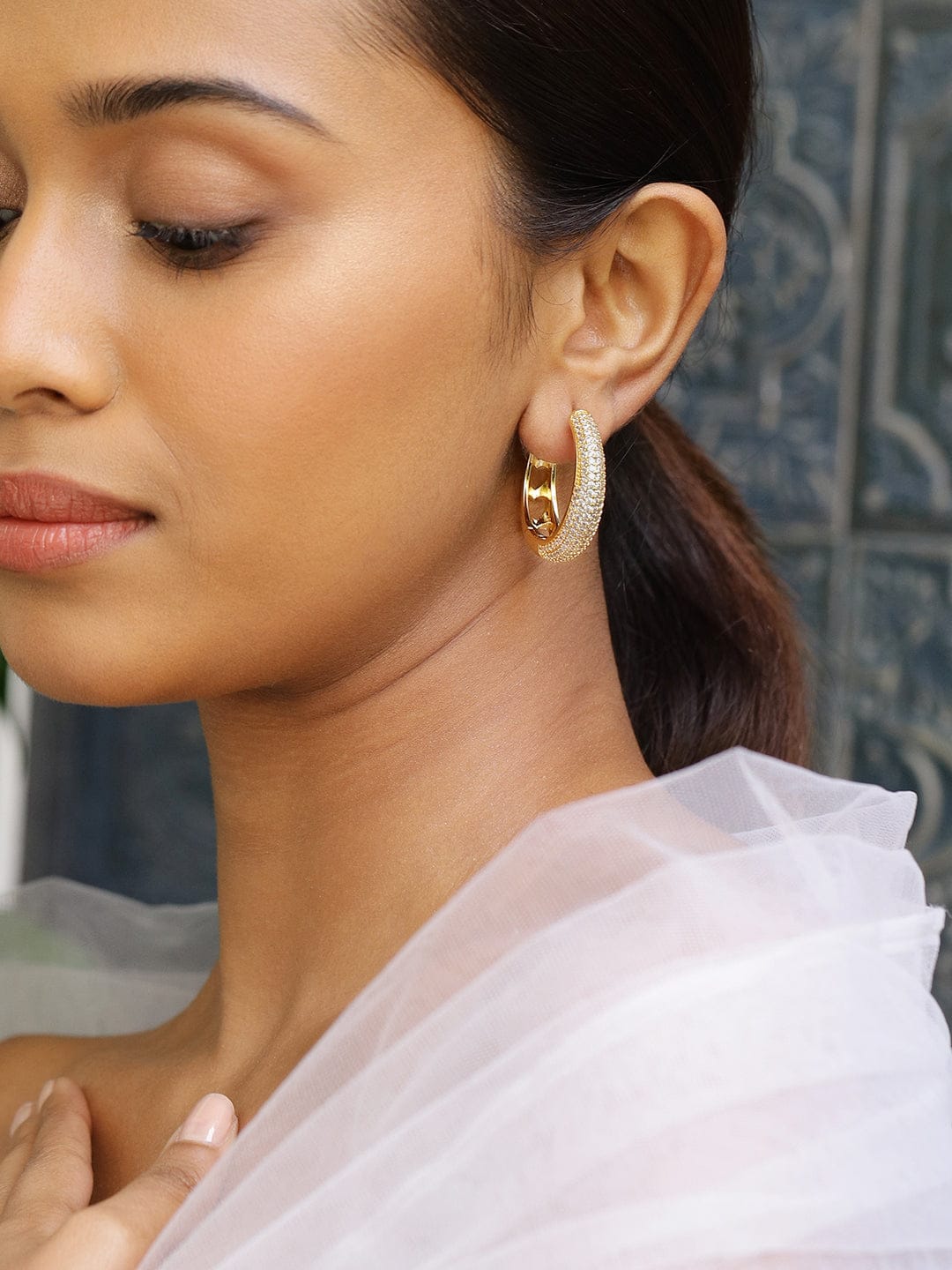 Rubans 18K Gold-Plated Cubic Zirconia Studded Classic Hoop Earrings Earrings