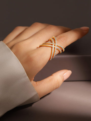 Rubans 18K Gold-Plated Cubic Zirconia Studded Criss-Cross Adjustable Statement Ring Rings
