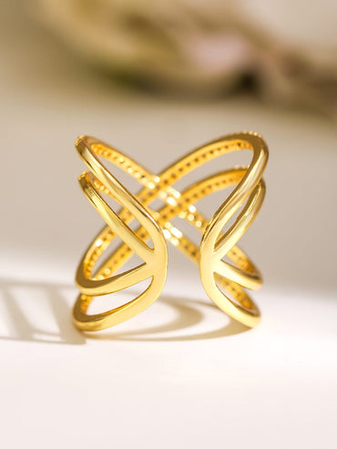 Rubans 18K Gold-Plated Cubic Zirconia Studded Criss-Cross Adjustable Statement Ring Rings
