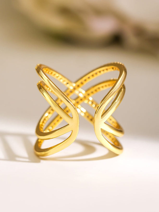 Rubans 18K Gold-Plated Cubic Zirconia Studded Criss-Cross Adjustable Statement Ring Rings