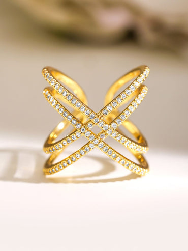 Rubans 18K Gold-Plated Cubic Zirconia Studded Criss-Cross Adjustable Statement Ring Rings