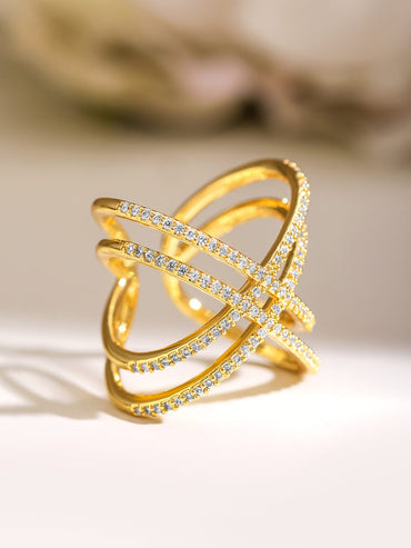 Rubans 18K Gold-Plated Cubic Zirconia Studded Criss-Cross Adjustable Statement Ring Rings