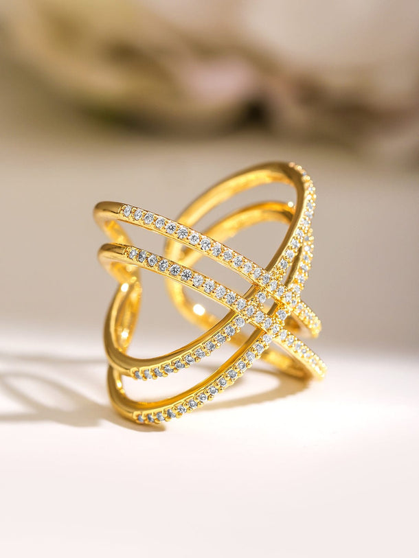 Rubans 18K Gold-Plated Cubic Zirconia Studded Criss-Cross Adjustable Statement Ring Rings