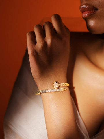 Rubans 18K Gold-Plated Cubic Zirconia Studded Demi-Fine Openable Nail Design Bracelet Bangles & Bracelet
