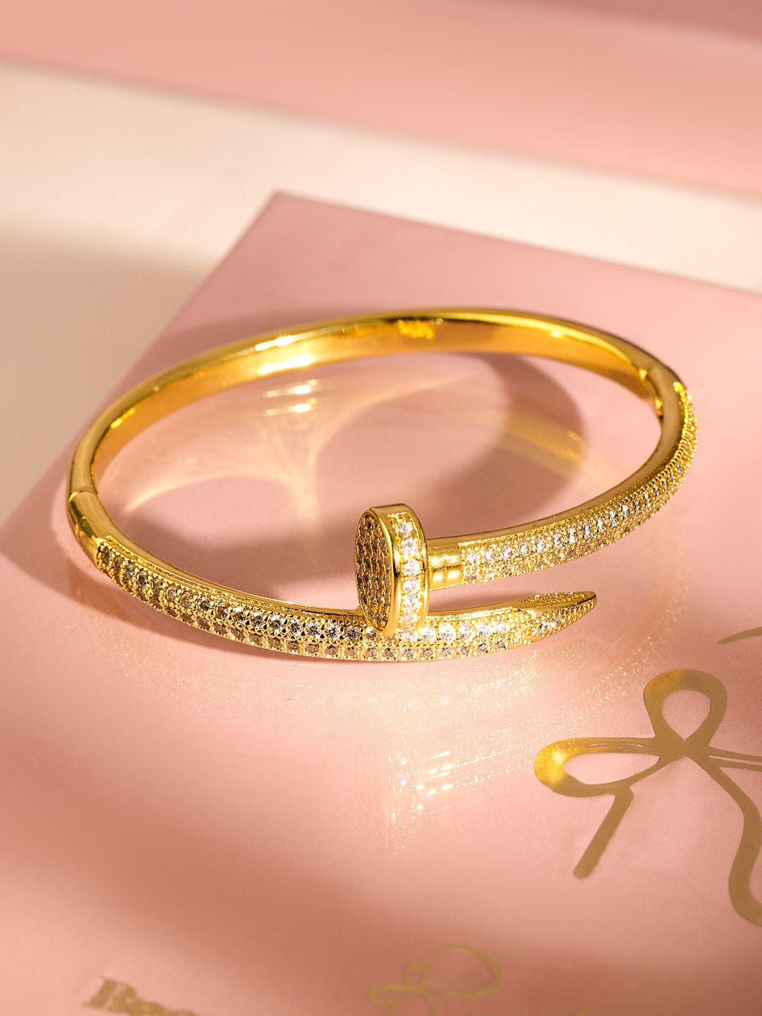 Rubans 18K Gold-Plated Cubic Zirconia Studded Demi-Fine Openable Nail Design Bracelet Wristwear