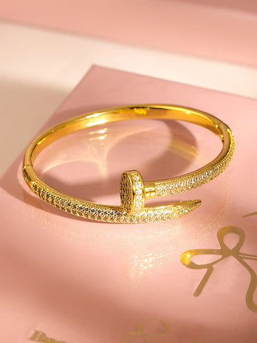 Rubans 18K Gold-Plated Cubic Zirconia Studded Demi-Fine Openable Nail Design Bracelet Wristwear