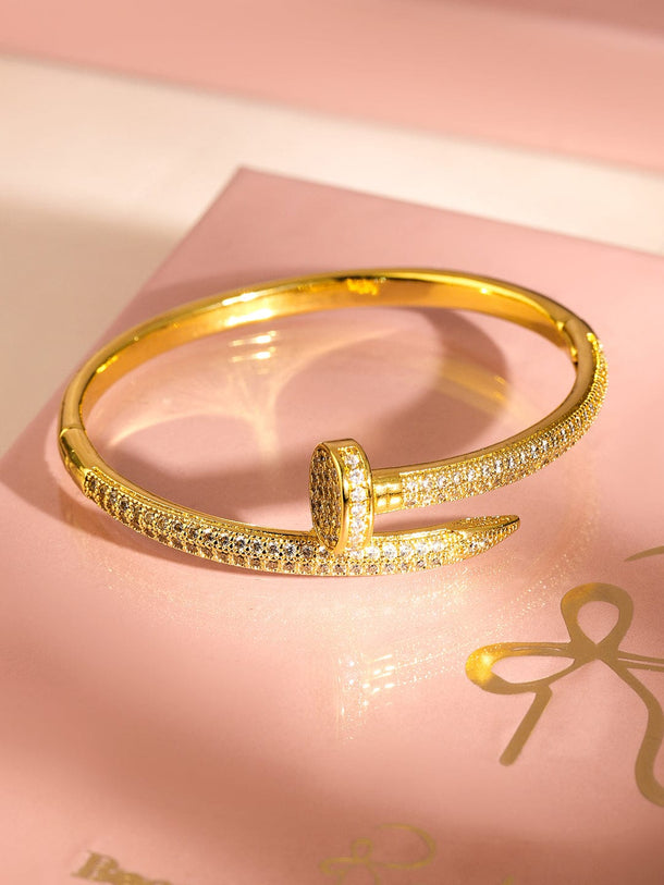 Rubans 18K Gold-Plated Cubic Zirconia Studded Demi-Fine Openable Nail Design Bracelet Wristwear